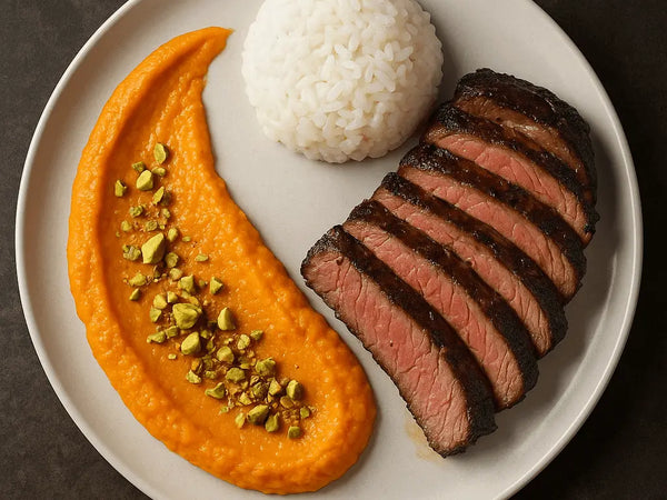 🥩 Grass-Fed Ribeye with Carrot-Pistachio Purée & Buttered Rice
