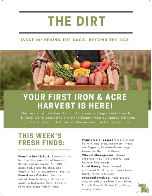 The Dirt - Issue #1 - Our First Deliveries Are in the Books 🌾 showcasing fresh ingredients from Iron & Acre's local farms.