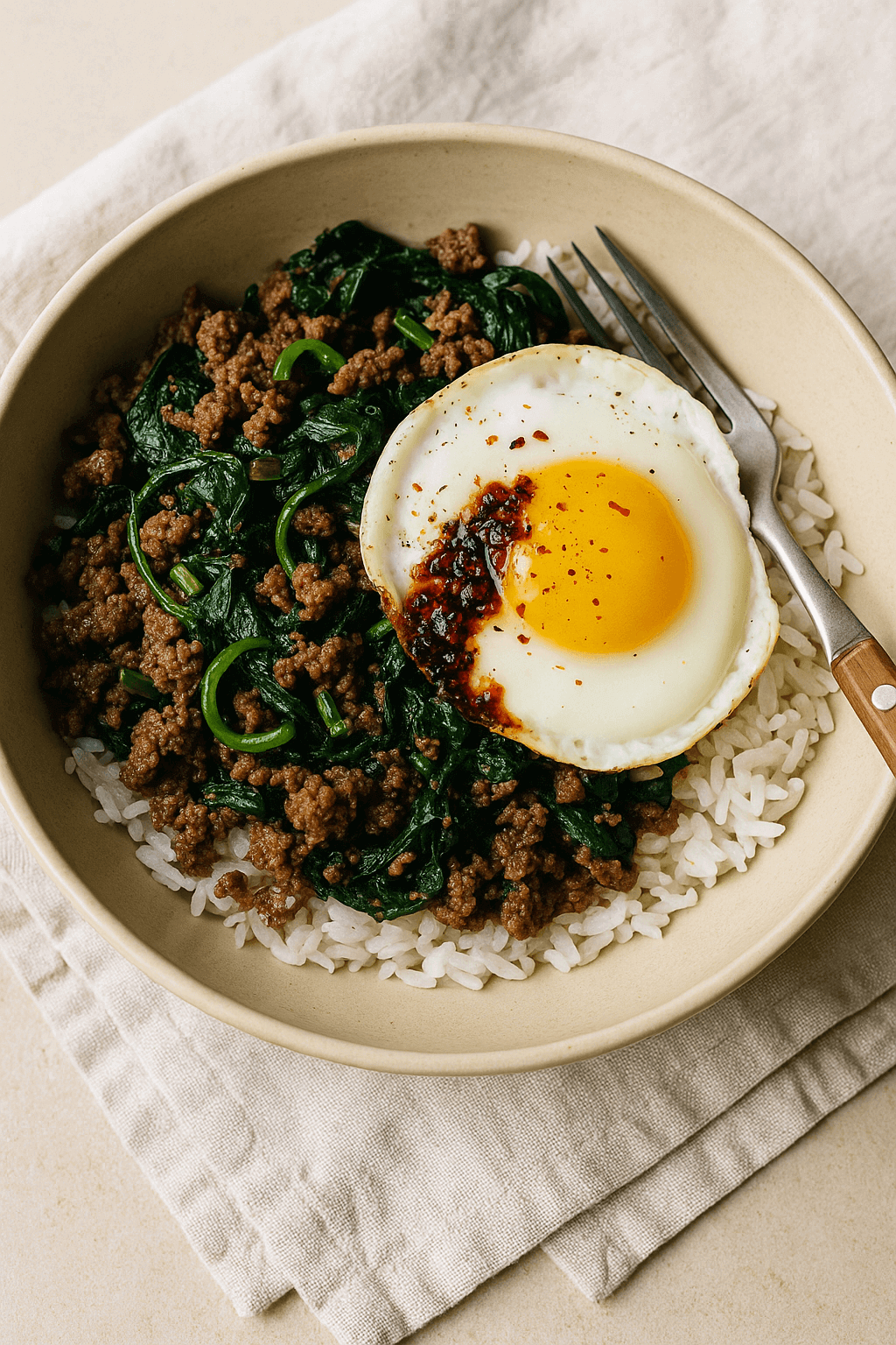 🥩 Savory Beef & Spinach Rice Bowl with an egg over ground beef and spinach served on rice.