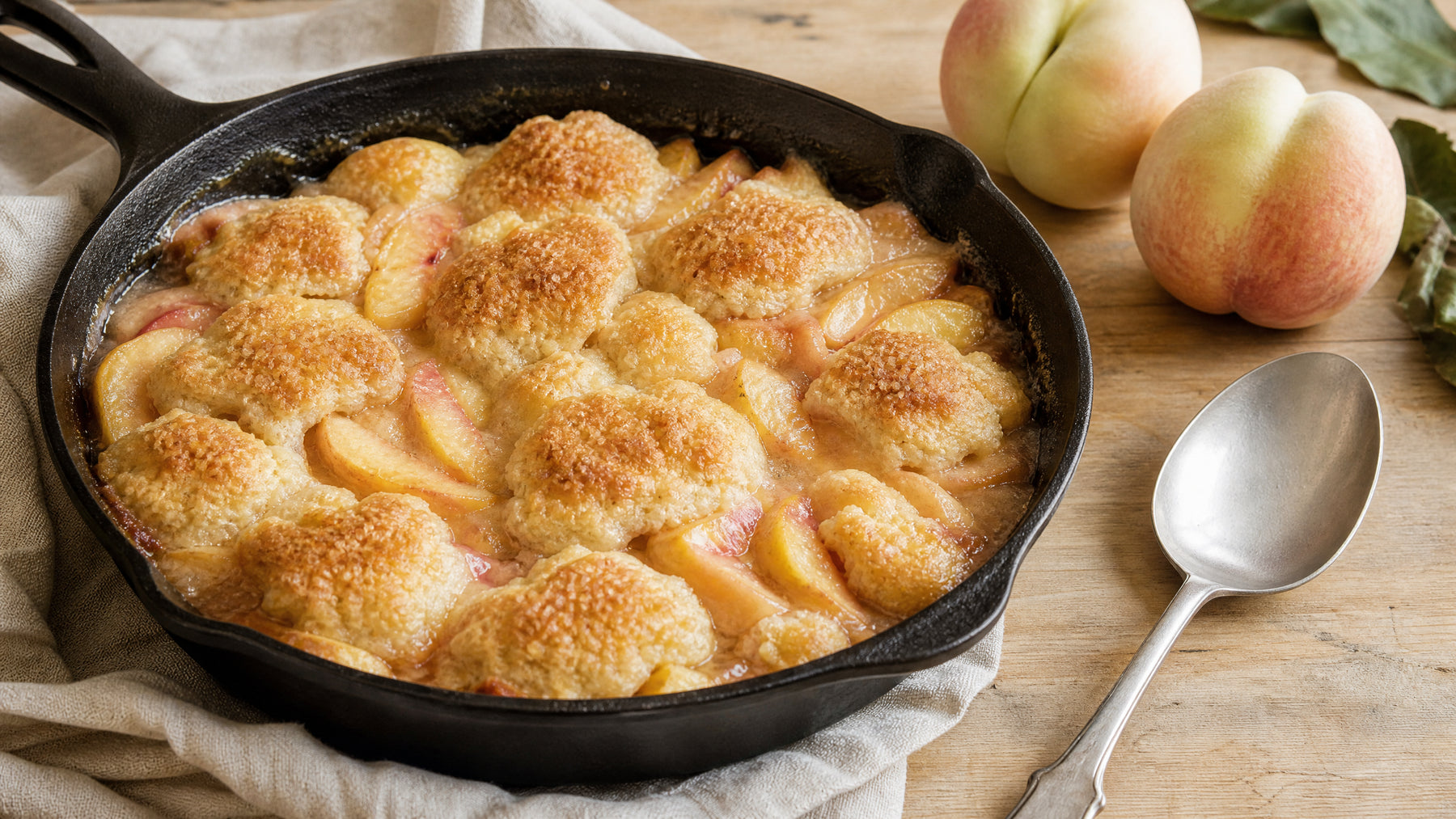 White peach cobbler with golden biscuit topping in a cast-iron skillet