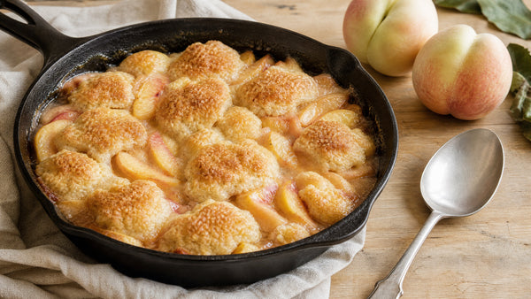 White peach cobbler with golden biscuit topping in a cast-iron skillet
