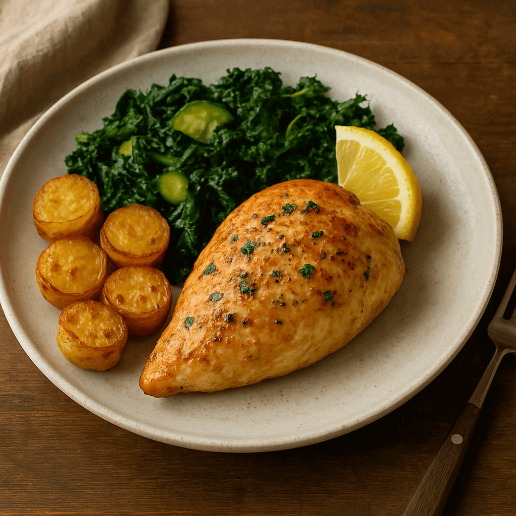 Lemon Herb Chicken Breasts with Sautéed Veg & Crispy Potatoes plated with kale and lemon slice.