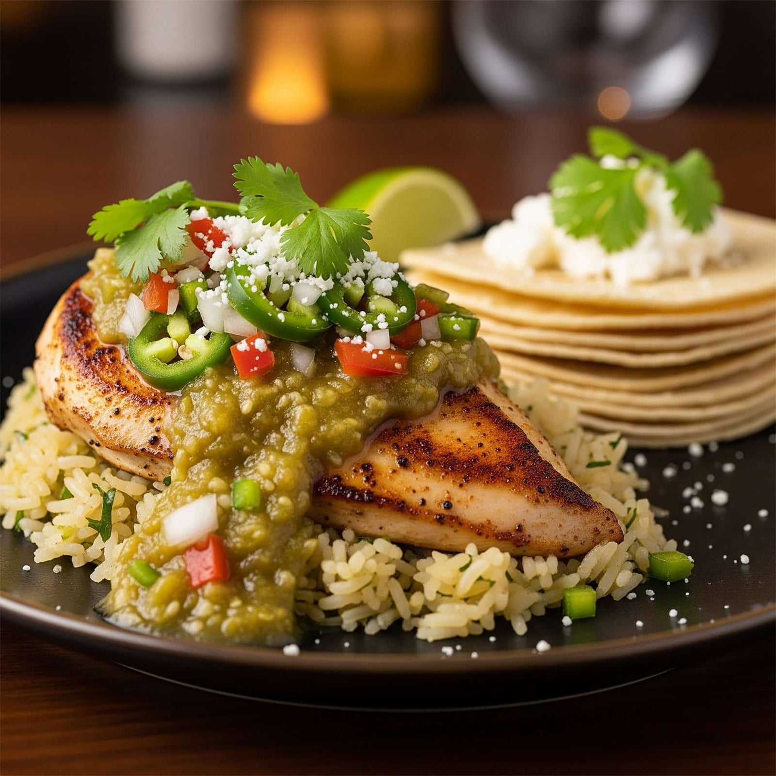 🫑 Tomatillo-Poblano Salsa over Grilled Chicken served with rice and tortillas, garnished with cilantro and lime.