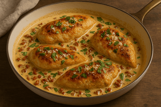 Creamy Marry Me Chicken skillet with four chicken breasts, garnished with parsley and set in a savory sauce.