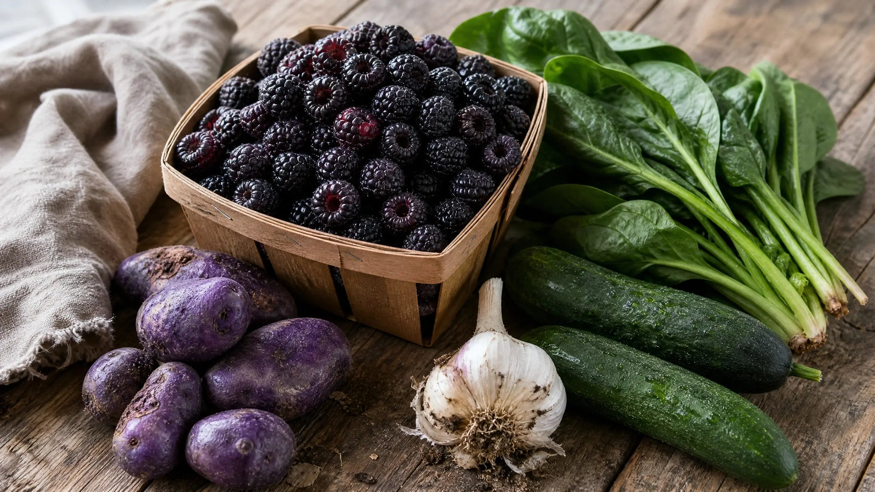 June 25 Delivery — Black Raspberries, Purple Majesty Potatoes, Fresh Garlic, Cucumbers, Spinach