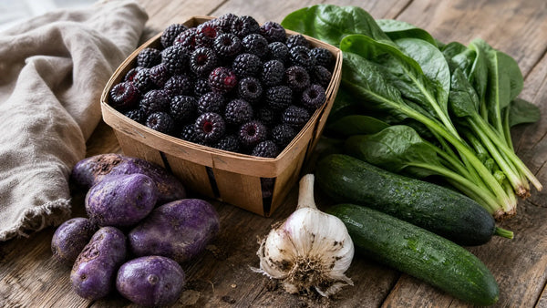 June 25 Delivery — Black Raspberries, Purple Majesty Potatoes, Fresh Garlic, Cucumbers, Spinach