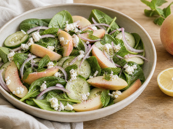Spinach, Cucumber & White Peach Salad with Tropea Onion