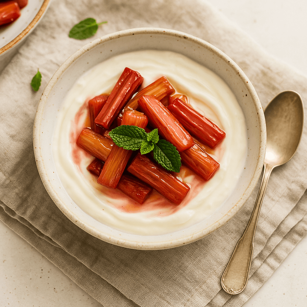 🍯 Honey-Roasted Rhubarb with Vanilla Yogurt served in a bowl, topped with mint leaves.