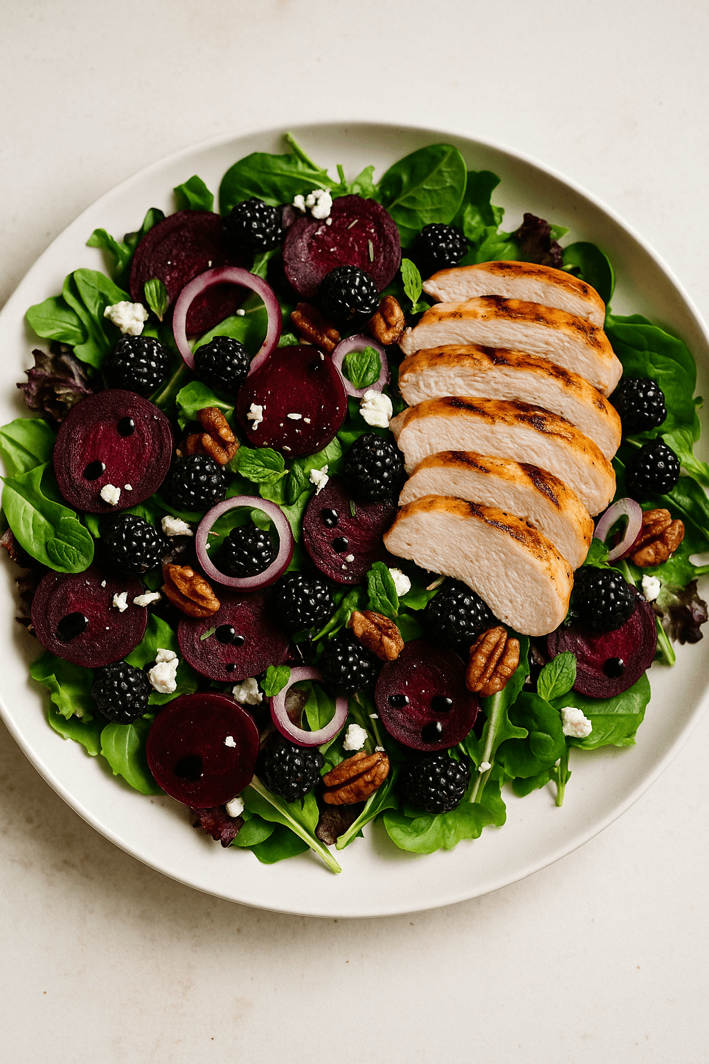 A delicious 🥗 Summer Beet & Berry Salad featuring beets, blackberries, greens, pecans, and grilled chicken.