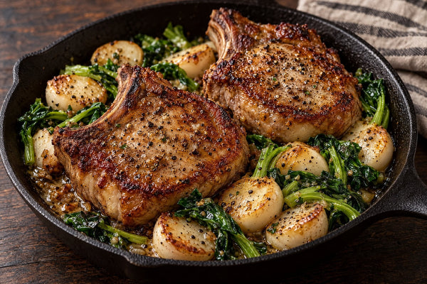 Seared bone-in pork chops in a cast-iron skillet with butter-glazed Hakurei turnips and wilted greens