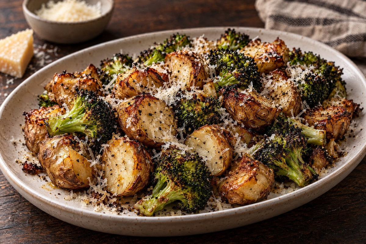 Crispy roasted sunchokes and charred broccoli finished with grated Parmesan on a ceramic platter