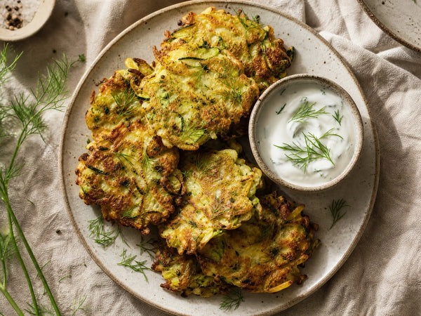 Zucchini and Leek Fritters with Dill Yogurt