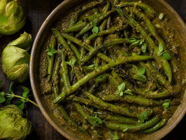 Tomatillo-Braised Green Beans with Oregano