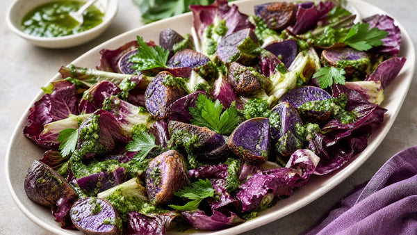 Roasted Purple Majesty Potato and Red Romaine Salad with Parsley Vinaigrette Iron & Acre