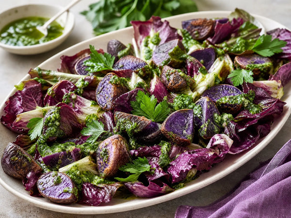 Roasted Purple Majesty Potato and Red Romaine Salad with Parsley Vinaigrette
