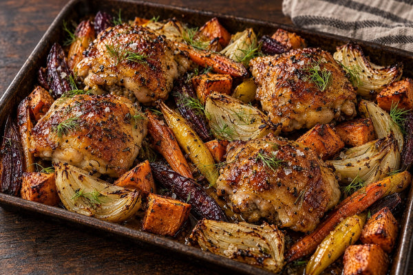Roasted chicken thighs on a sheet pan with rainbow carrots, sweet potatoes and fennel wedges