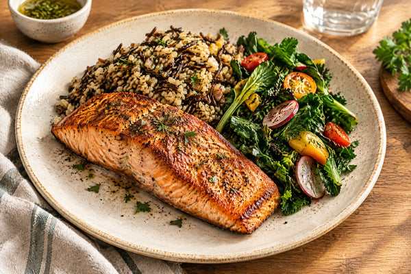Pan-seared wild salmon with Cahokia rice and weekly greens