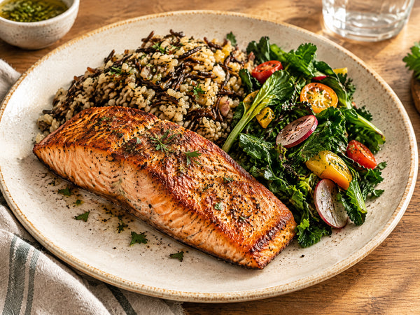 Pan-Seared Wild Salmon with Cahokia Rice and Weekly Greens