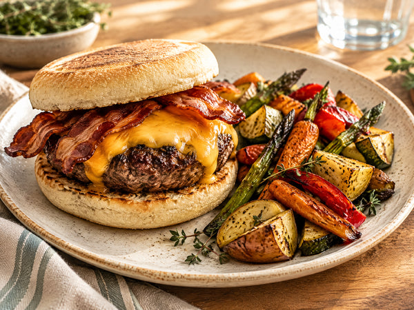 Bacon-Cheddar English Muffin Burgers with Roasted Seasonal Vegetables