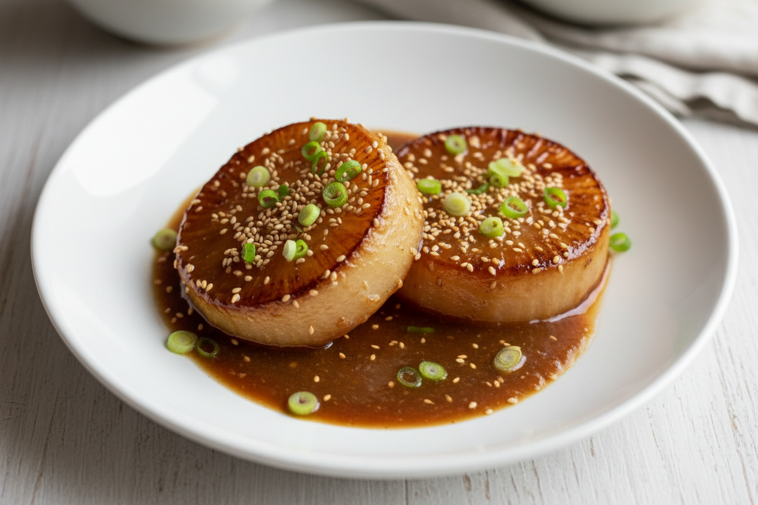 Miso-Glazed Daikon Radish Steaks with Sesame and Scallions