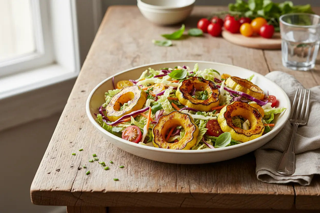 Napa Cabbage Slaw with Charred Patty Pan Squash & Tomatoes Iron & Acre