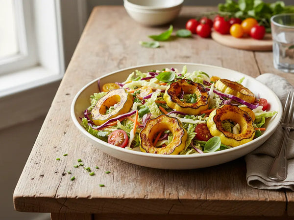 Napa Cabbage Slaw with Charred Patty Pan Squash & Tomatoes