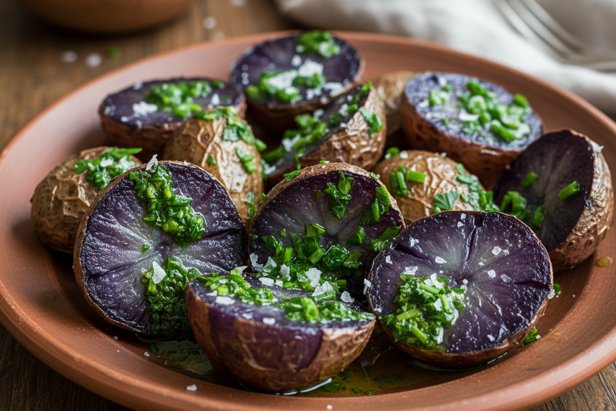 Crispy Roasted Purple Majesty Potatoes with Herb Oil & Flaky Salt