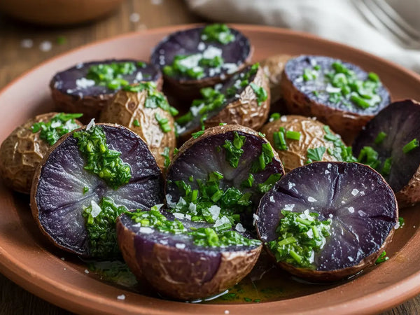 Crispy Roasted Purple Majesty Potatoes with Herb Oil & Flaky Salt