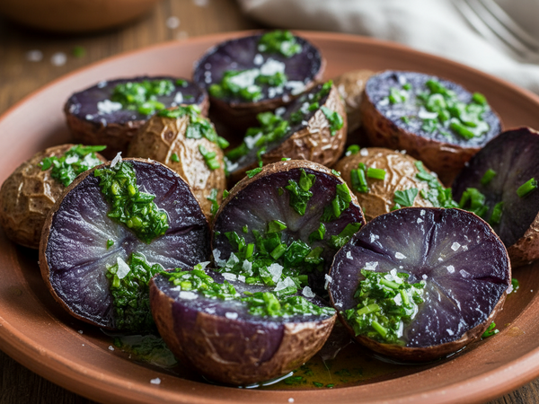Crispy Roasted Purple Majesty Potatoes with Herb Oil & Flaky Salt