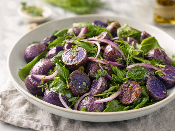 Warm Purple Majesty Potato and Spinach Salad