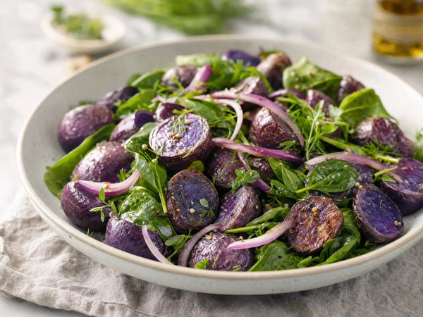Warm Purple Majesty Potato & Spinach Salad