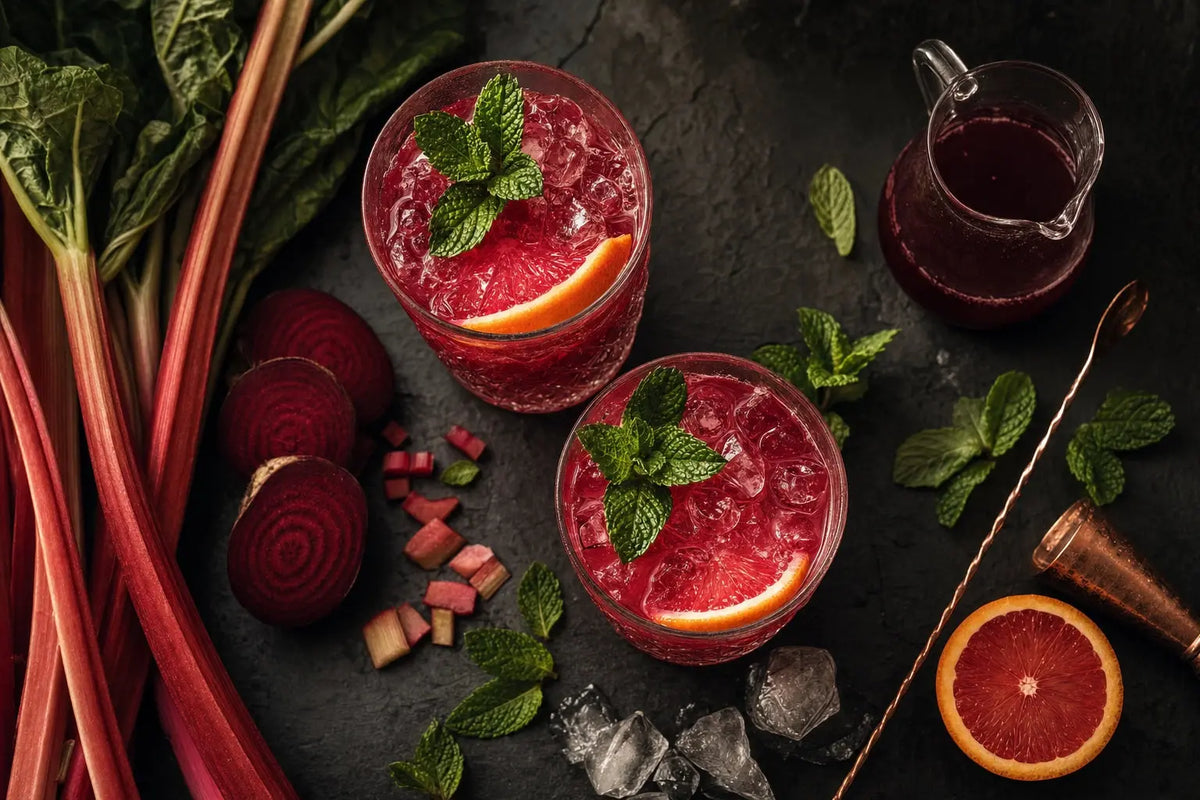 Rhubarb and beet shrub cocktails with grapefruit and mint