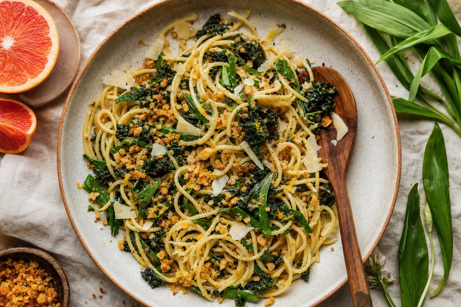 Wild garlic and curly kale pasta with toasted breadcrumbs and Parmesan