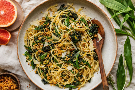 Wild garlic and curly kale pasta with toasted breadcrumbs and Parmesan