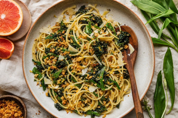 Wild garlic and curly kale pasta with toasted breadcrumbs and Parmesan