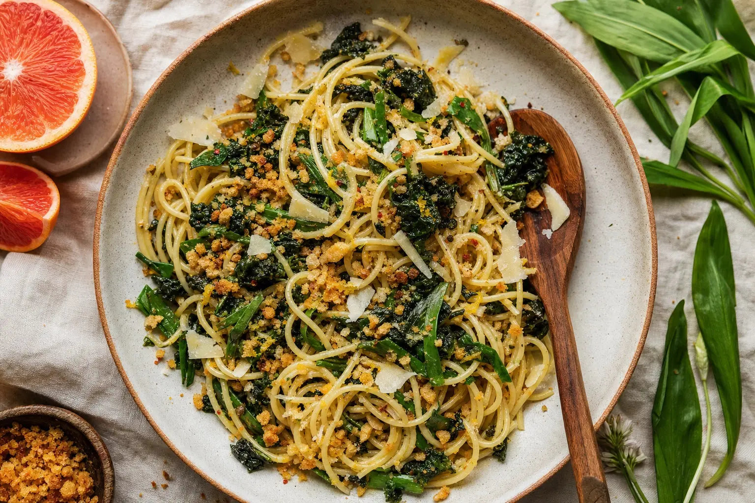 Wild garlic and curly kale pasta with toasted breadcrumbs and Parmesan