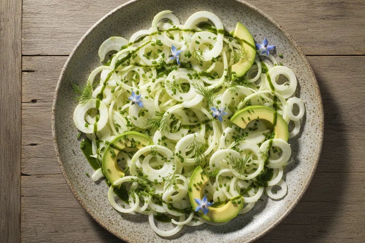 Shaved Fennel & Kohlrabi Salad with Avocado and Chive Vinaigrette Iron & Acre