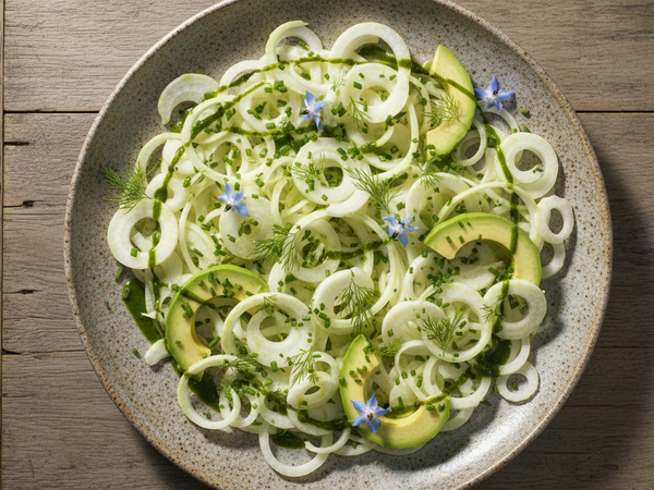 Shaved Fennel & Kohlrabi Salad with Avocado and Chive Vinaigrette