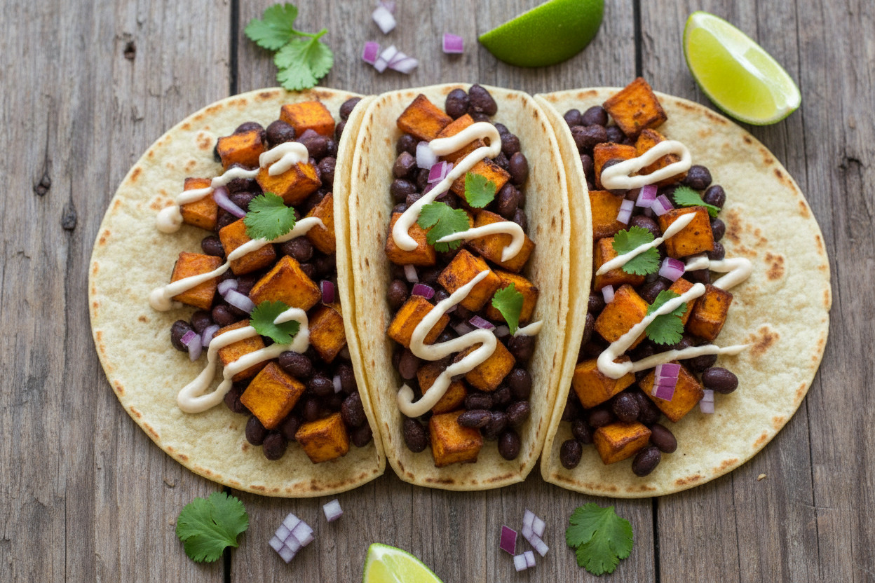 Sweet Potato & Black Bean Tacos with Chipotle Crema