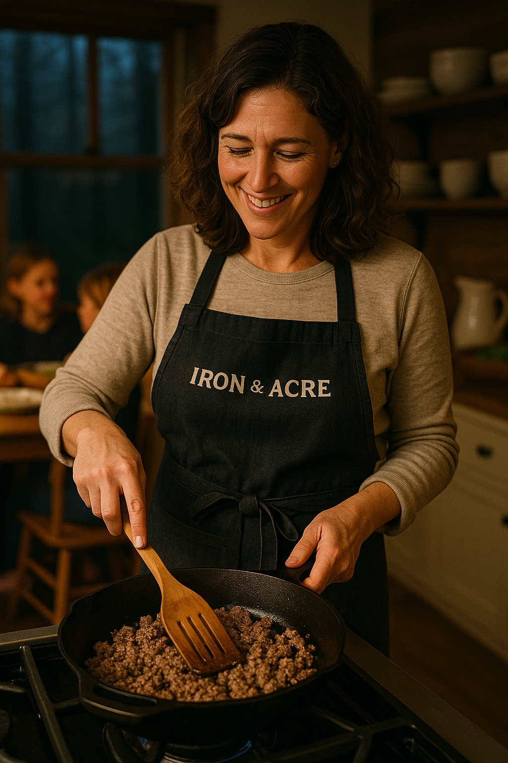 Woman cooking ground meat in a skillet, wearing an apron, with family in the background, creating a cozy kitchen scene.