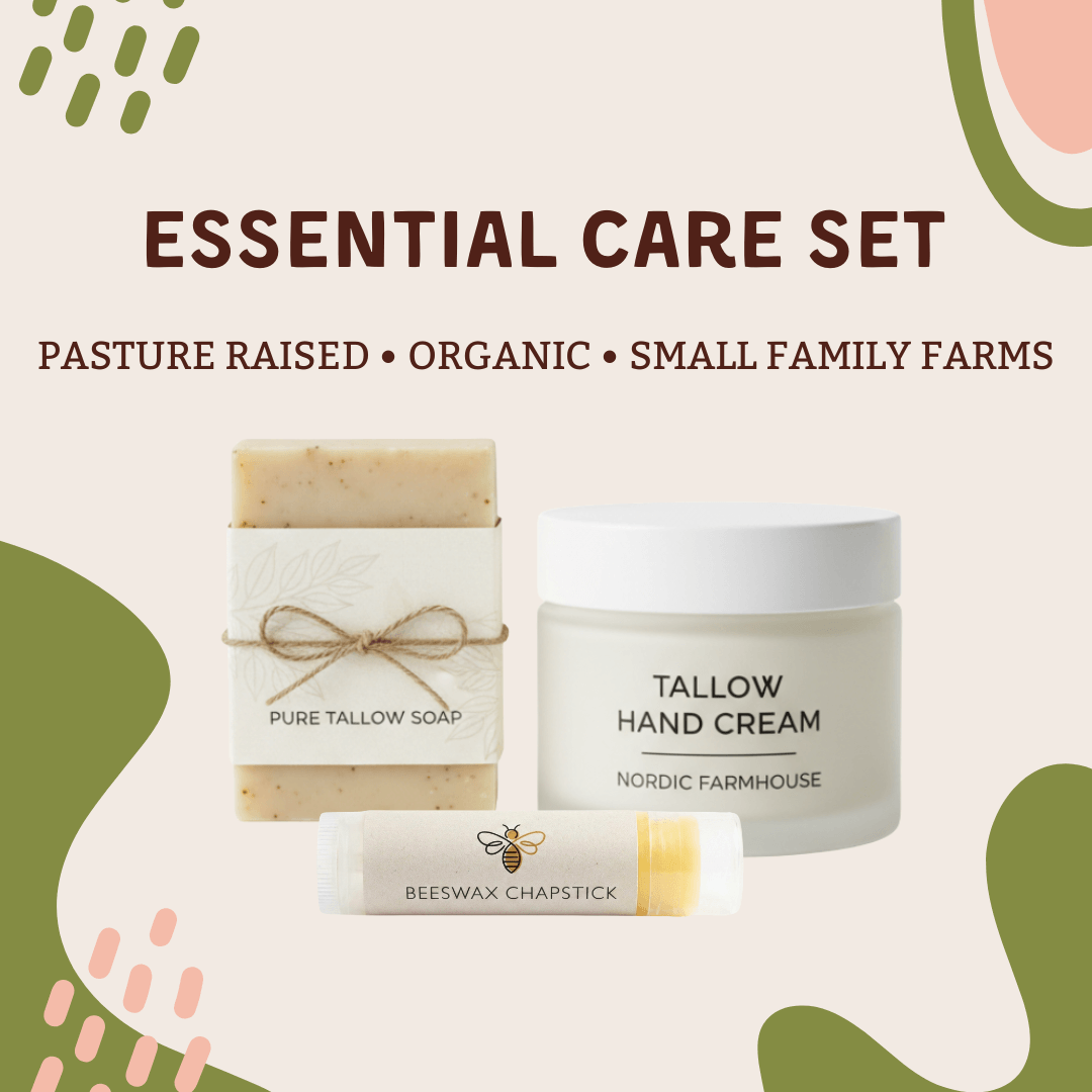 Natural skincare essential set featuring Pure Tallow Soap, Tallow Hand Cream, and Beeswax Chapstick.