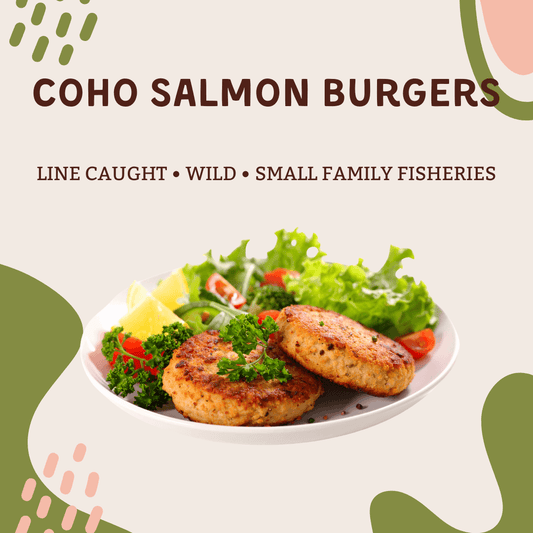 Grill Ready Wild Salmon Burgers (8 oz) 2 Burgers served with fresh greens and lemon slices.