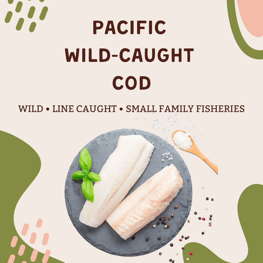 Wild Caught Pacific Cod Strips (8 oz) (2 packages) on a plate with spices and herbs.