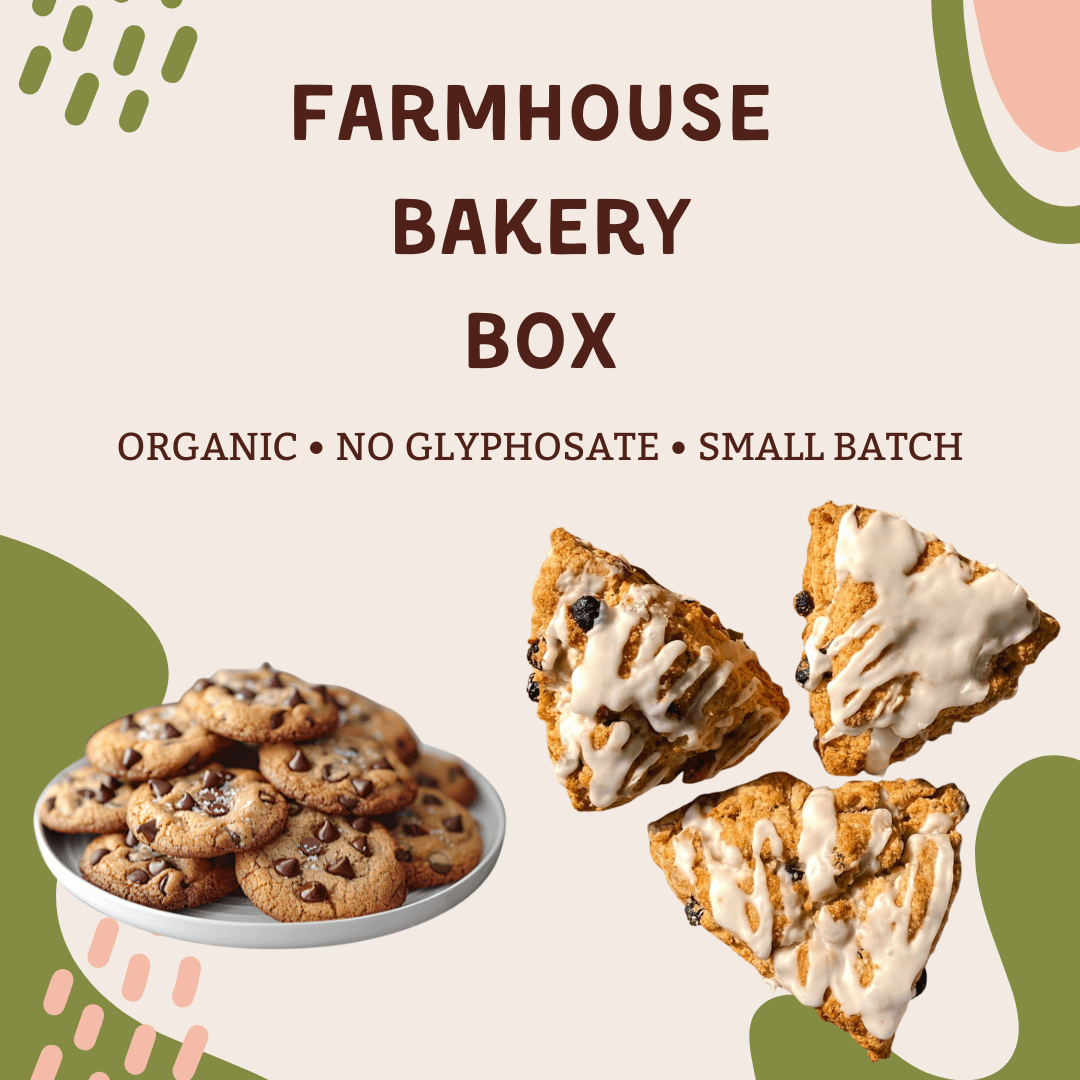 Farmhouse Bakery Box featuring organic cookies and scones, handmade in small batches from local bakeries.