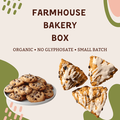 Farmhouse Bakery Box featuring organic cookies and scones, handmade in small batches from local bakeries.