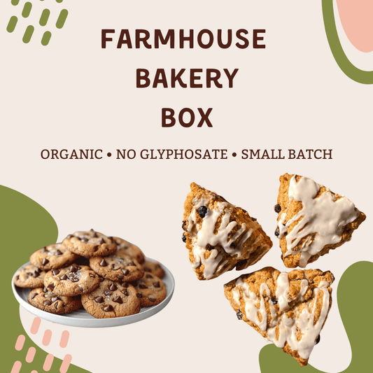 Farmhouse Bakery Box featuring organic cookies and scones, handmade in small batches from local bakeries.