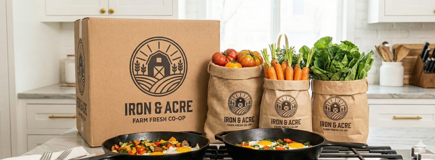 Farm fresh produce and meals showcased with Iron & Acre's eco-friendly packaging in a bright kitchen.