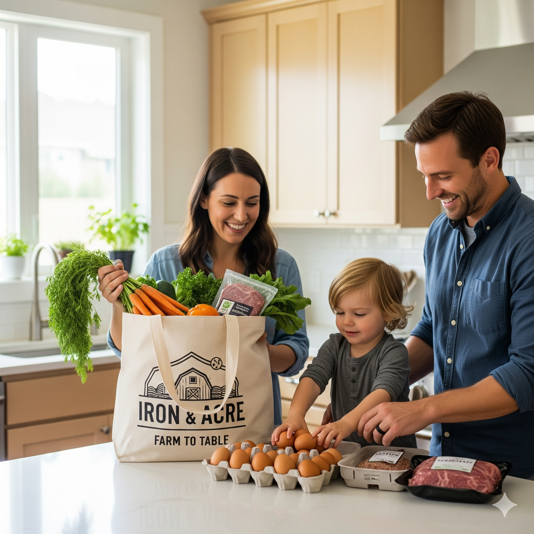 Family preparing healthy meals with fresh groceries, including vegetables, meat, and eggs in a modern kitchen.