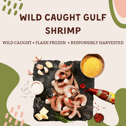 Wild Caught White Gulf Shrimp on slate with garlic, seasonings, and sauce, featuring wild caught Pacific cod strips.