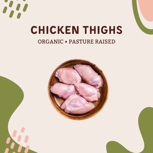 Bowl of organic, pasture-raised chicken thighs ready for cooking.